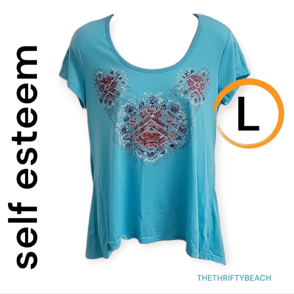 Self Esteem Blue Boho Mandala Paisley High-Low Graphic Top - Size Large